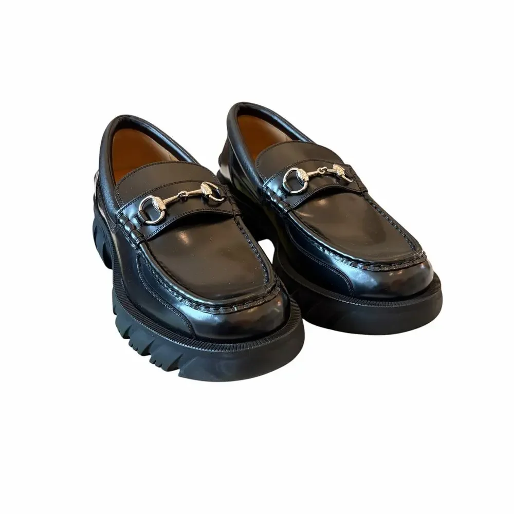 Gucci Mens Horsebit Leather Loafers Lug Sole 658822 Black Sz EU 12 | US 12.5 NEW